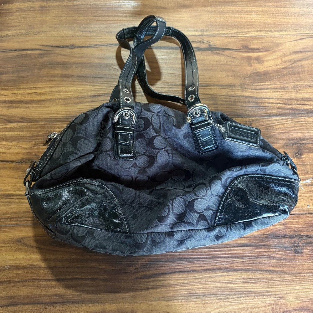 Coach Signature Jacquard Satchel Black Patent Leather Trim F17132 Handbag